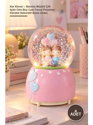 Yenilig 4 Adet Kar Küresi – Balonlu Müzikli Çift Işıklı Orta Boy Cam Fanus Polyester Gövdeli Dekoratif Snow Globe