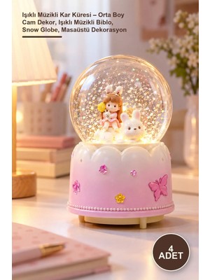Yenilig 4 Adet Işıklı Müzikli Kar Küresi – Orta Boy Cam Dekor, Işıklı Müzikli Biblo, Snow Globe, Masaüstü Dekorasyon