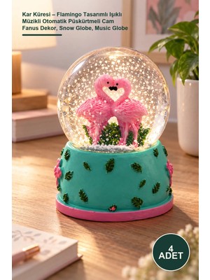 Yenilig 4 Adet Kar Küresi – Flamingo Tasarımlı Işıklı Müzikli Otomatik Püskürtmeli Cam Fanus Dekor, Snow Globe, Music Globe