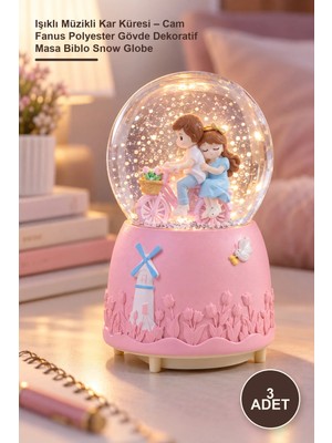 Yenilig 3 Adet Işıklı Müzikli Kar Küresi – Cam Fanus Polyester Gövde Dekoratif Masa Biblo Snow Globe