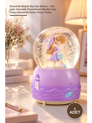 Yenilig 1 Adet Romantik Büyük Boy Kar Küresi – Çift Işıklı Otomatik Püskürtmeli Müzikli Cam Fanus Masaüstü Dekor Snow Globe