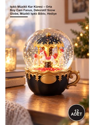 Yenilig 12 Adet Işıklı Müzikli Kar Küresi – Orta Boy Cam Fanus, Dekoratif Snow Globe, Müzikli Işıklı Biblo, Hediye