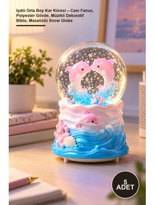 Yenilig 5 Adet Işıklı Orta Boy Kar Küresi – Cam Fanus, Polyester Gövde, Müzikli Dekoratif Biblo, Masaüstü Snow Globe