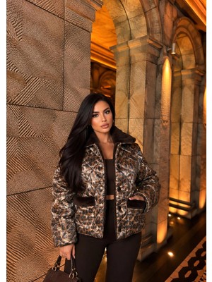 Elora Atelier LEOPAR KAHVERENGİ KÜRK YAKALI KAPİTONE MONT