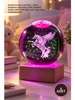 Yenilig 5 Adet Kanatlı Unicorn Cam Küre – Renk Değiştiren Işıklı Dekor USB Çalışmalı Ahşap Altlık 8 cm Night Light Light Globe