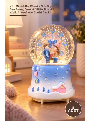 Yenilig 5 Adet Işıklı Müzikli Kar Küresi – Orta Boy Cam Fanus, Dekoratif Biblo, Nostaljik Müzik, Snow Globe, 3 Adet Aaa Pil