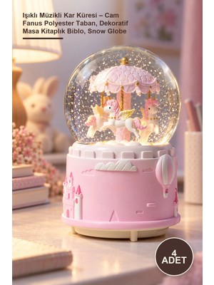 Yenilig 4 Adet Işıklı Müzikli Kar Küresi – Cam Fanus Polyester Taban, Dekoratif Masa Kitaplık Biblo, Snow Globe