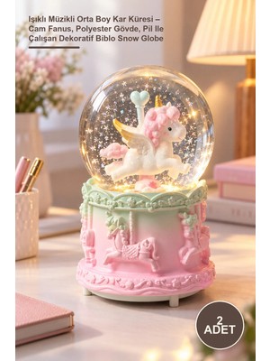 Yenilig 2 Adet Işıklı Müzikli Orta Boy Kar Küresi – Cam Fanus, Polyester Gövde, Pil ile Çalışan Dekoratif Biblo Snow Globe