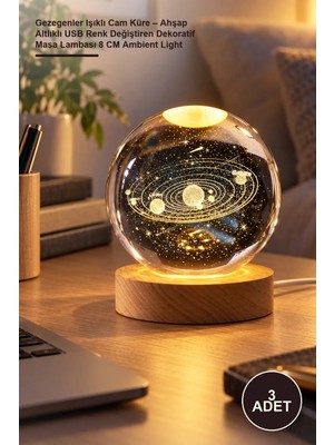 Yenilig 3 Adet Gezegenler Işıklı Cam Küre – Ahşap Altlıklı USB Renk Değiştiren Dekoratif Masa Lambası 8 cm Ambient Light