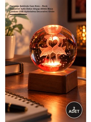 Yenilig 2 Adet Flamingo Şeklinde Cam Küre – Renk Değiştiren Işıklı Dekor Ahşap Altlıklı Masa Lambası USB Aydınlatma Decorative Globe