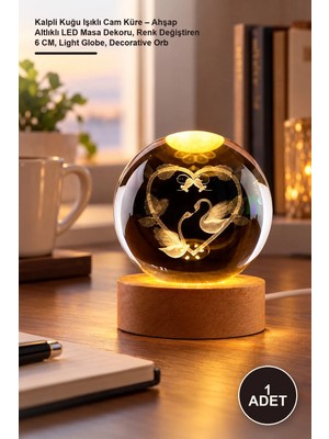 Yenilig 1 Adet Kalpli Kuğu Işıklı Cam Küre – Ahşap Altlıklı LED Masa Dekoru, Renk Değiştiren 6 Cm, Light Globe, Decorative Orb