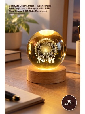 Yenilig 10 Adet Cam Küre Dekor Lambası – Dönme Dolap Renk Değiştiren Işıklı Ahşap Altlıklı USB Masa Dekoru 6 cm Globe Mood Light