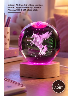 Yenilig 5 Adet Unicorn Atı Cam Küre Gece Lambası – Renk Değiştiren USB Işıklı Dekor Ahşap Altlıklı 6 cm Glass Globe