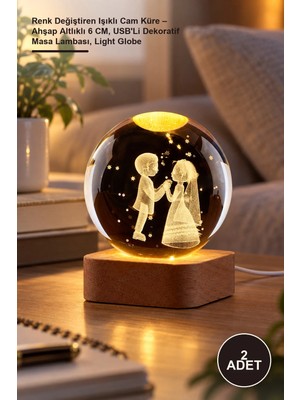 Yenilig 2 Adet Renk Değiştiren Işıklı Cam Küre – Ahşap Altlıklı 6 Cm, Usb'li Dekoratif Masa Lambası, Light Globe