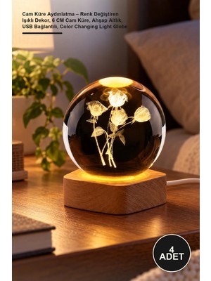Yenilig 4 Adet Cam Küre Aydınlatma – Renk Değiştiren Işıklı Dekor, 6 cm Cam Küre, Ahşap Altlık, USB Bağlantılı, Color Changing Light Globe