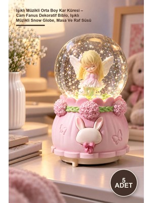 Yenilig 5 Adet Işıklı Müzikli Orta Boy Kar Küresi – Cam Fanus Dekoratif Biblo, Işıklı Müzikli Snow Globe, Masa ve Raf Süsü