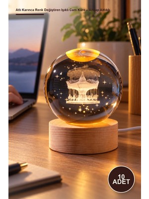 Yenilig 10 Adet Atlı Karınca Renk Değiştiren Işıklı Cam Küre – Ahşap Altlıklı 6 cm Masa Raf Vitrin Ofis USB Aydınlatma 7 Renk Color-Changing Glass Globe