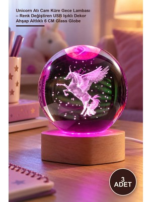 Yenilig 3 Adet Unicorn Atı Cam Küre Gece Lambası – Renk Değiştiren USB Işıklı Dekor Ahşap Altlıklı 6 cm Glass Globe