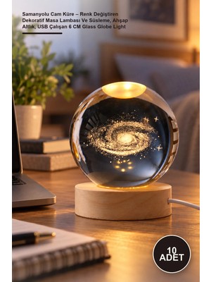 Yenilig 10 Adet Samanyolu Cam Küre – Renk Değiştiren Dekoratif Masa Lambası ve Süsleme, Ahşap Altlık, USB Çalışan 6 cm Glass Globe Light