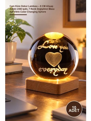 Yenilig 10 Adet Cam Küre Dekor Lambası – 8 cm Ahşap Altlıklı USB Işıklı, 7 Renk Değiştiren Masa Raf Vitrin Color Changing Sphere