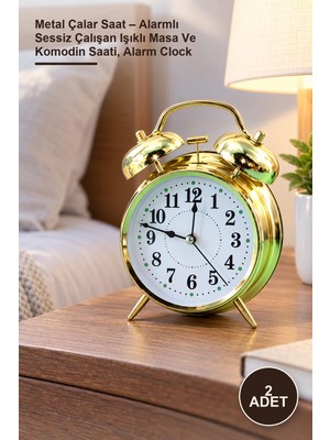 Yenilig 2 Adet Metal Çalar Saat – Alarmlı Sessiz Çalışan Işıklı Masa ve Komodin Saati, Alarm Clock