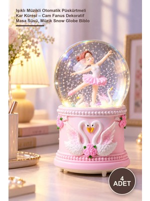 Yenilig 4 Adet Işıklı Müzikli Otomatik Püskürtmeli Kar Küresi – Cam Fanus Dekoratif Masa Süsü, Müzik Snow Globe Biblo