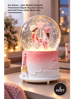 Yenilig 2 Adet Kar Küresi – Işıklı Müzikli Otomatik Püskürtmeli Büyük Boy Cam Fanus, Dekoratif Snow Globe Music Box