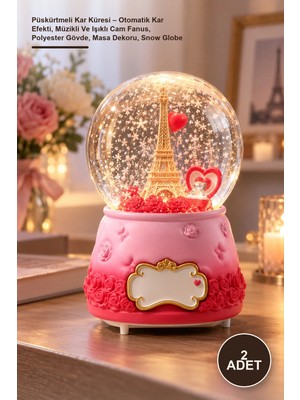 Yenilig 2 Adet Püskürtmeli Kar Küresi – Otomatik Kar Efekti, Müzikli ve Işıklı Cam Fanus, Polyester Gövde, Masa Dekoru, Snow Globe