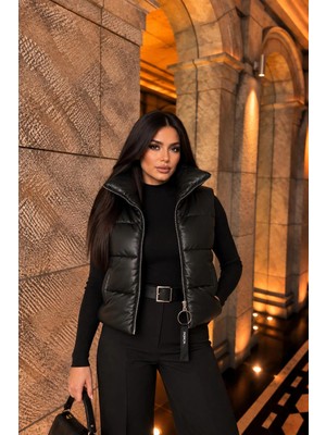 Elora Atelier DİK YAKA FERMUARLI MAT DERİ ŞİŞME YELEK