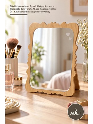Yenilig 3 Adet Dikdörtgen Ahşap Ayaklı Makyaj Aynası – Masaüstü Tek Taraflı Ahşap Tasarım Tırtıklı Üst Kalp Detaylı Makeup Mirror Vanity