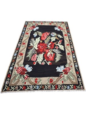 Zehra Abla Halı El Dokuma Güllü Çiçekli Kirmen Karabağ Yün Kilim 7536