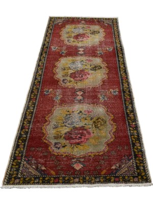 Zehra Abla Halı Vintage El Dokuma Nadide Karacahisar Güllü Çiçekli Yolluk Yün Halı 7525