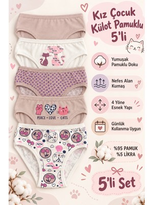 Nicoletta Kız Çocuk Külot 5 Li Paket Pamuklu Likralı Kedi Baskılı Saf Pamuk - Cleve