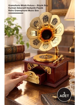 Yenilig 3 Adet Gramofonlu Müzik Kutusu – Büyük Boy Kurmalı Dekoratif Hediyelik Plastik Retro Gramophone Music Box