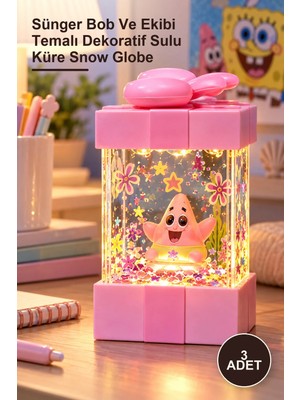 Yenilig 3 Adet Işıklı Sulu Kar Küresi – Sünger Bob ve Ekibi Temalı Dekoratif Sulu Küre Snow Globe