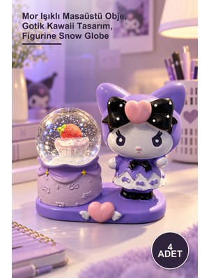 Yenilig 4 Adet Kuromi Kar Küresi ve Dekoratif Biblo – Mor Işıklı Masaüstü Obje, Gotik Kawaii Tasarım, Figurine Snow Globe