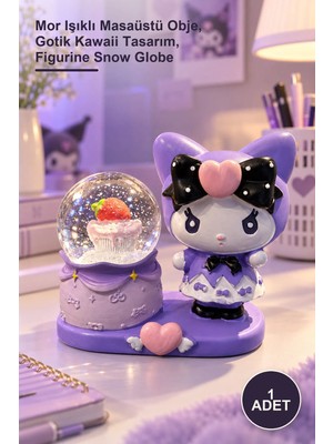 Yenilig 1 Adet Kuromi Kar Küresi ve Dekoratif Biblo – Mor Işıklı Masaüstü Obje, Gotik Kawaii Tasarım, Figurine Snow Globe