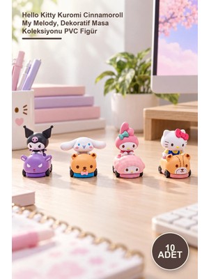Yenilig 10 Adet Arabalı Mini Figür Seti – Hello Kitty Kuromi Cinnamoroll My Melody, Dekoratif Masa U Pvc Figür