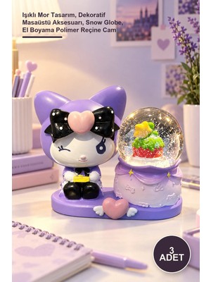 Yenilig 3 Adet Kuromi Kar Küresi ve Biblo – Işıklı Mor Tasarım, Dekoratif Masaüstü Aksesuarı, Snow Globe, El Boyama Polimer Reçine Cam