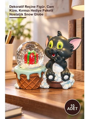 Yenilig 10 Adet Tom Figürlü Kar Küresi Biblo – Dekoratif Reçine Figür, Cam Küre, Kırmızı Hediye Paketli Nostaljik Snow Globe