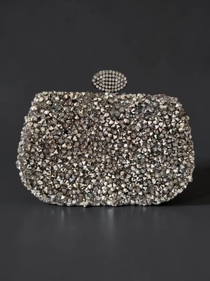 Dilora Kadın Kristal Taşlı Abiye Çanta Clutch Portföy Zincir Askılı Parlak Gece Davet Düğün Nişan Çantası (Gümüş - Siyah - Antrasit)