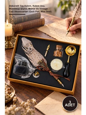 Yenilig 3 Adet Divit Seti – Dekoratif Tüy Kalem, Kalem Ucu, Mürekkep Şişesi, Mühür ve Vintage Yazı Aksesuarları (Quill Pen, Wax Seal)