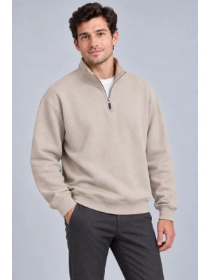 Bet's  Erkek Üç Iplik Içi Şardonlu Dik Yaka Yarım Fermuarlı Kışlık Sweatshirt - Bej