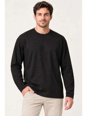 Buğrahayalin Erkek Modal Yumuşak Dokulu Bisiklet Yaka Uzun Kollu Tişört Sweatshirt - Siyah