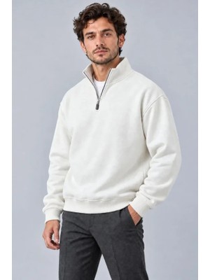 Sidelya Concept Erkek Üç Iplik Içi Şardonlu Dik Yaka Yarım Fermuarlı Kışlık Sweatshirt - Beyaz