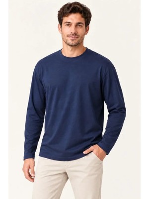 Moda Loris Erkek Modal Yumuşak Dokulu Bisiklet Yaka Uzun Kollu Tişört Sweatshirt - Lacivert
