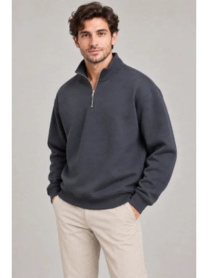 Moda Loris Erkek Üç Iplik Içi Şardonlu Dik Yaka Yarım Fermuarlı Kışlık Sweatshirt - Füme