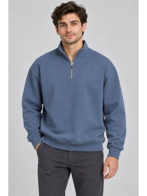 Ulak Hand Mader Ulak Handmader Erkek Üç Iplik Içi Şardonlu Dik Yaka Yarım Fermuarlı Kışlık Sweatshirt - Mavi