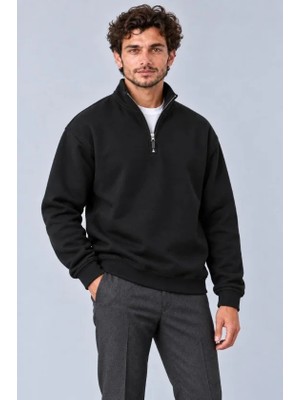 Moda Loris Erkek Üç Iplik Içi Şardonlu Dik Yaka Yarım Fermuarlı Kışlık Sweatshirt - Siyah