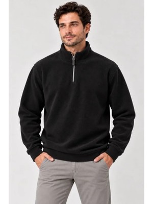 Ulak Hand Mader Ulak Handmader Erkek Polar Dik Yaka Yarım Fermuarlı Uzun Kollu Regular Fit Kışlık Sweatshirt - Siyah
